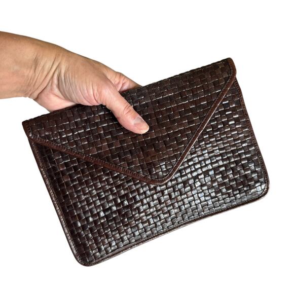 La Bagagerie Brown Woven Leather Envelope Clutch Handbag France Classic Chic - Picture 3 of 13